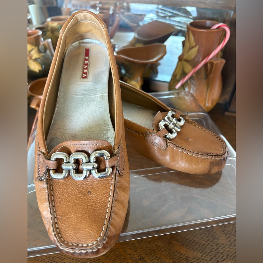 Prada Tan Leather Loafers with Silver Chain Detail